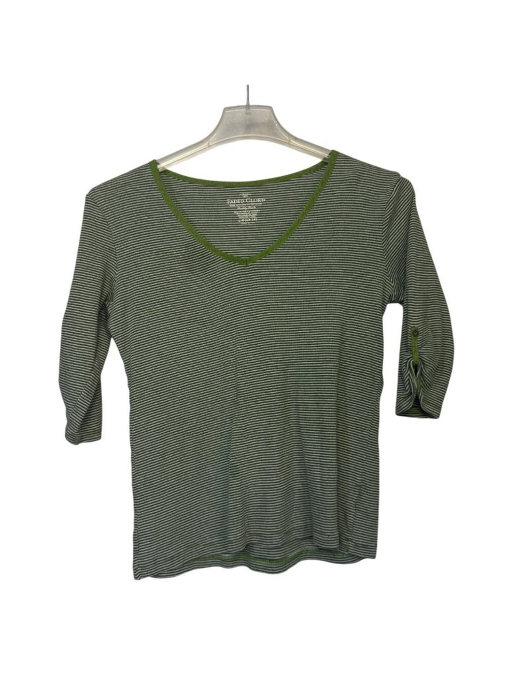 Faded Glory Womens Size L Striped Green 3/4 Sleeve Top Cotton Blend Lightweight